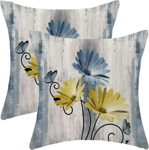 Vista 21 de Juego de 2 fundas de almohada florales de color salvia de 16 x 16 pulgadas, fundas de almohada decorativas con flores de margarita y mariposas
