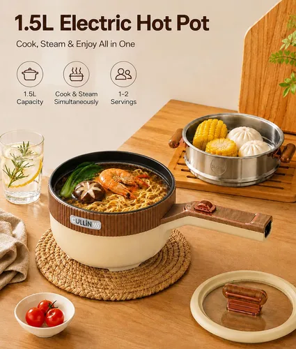 Vista 2 de olla eléctrica eléctrica 1.5L Mini olla eléctrica portátil de doble potencia Electric Cooking Pot with Sauté Frying Functions for Ramen Pasta