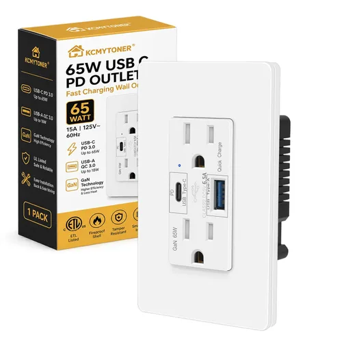 Vista 26 de Toma GFCI negra de 15 amperios con puertos USB C y USB-A, 1 unidad de 24 W de autotprueba GFCI USB Combo con indicador LED, resistente a
