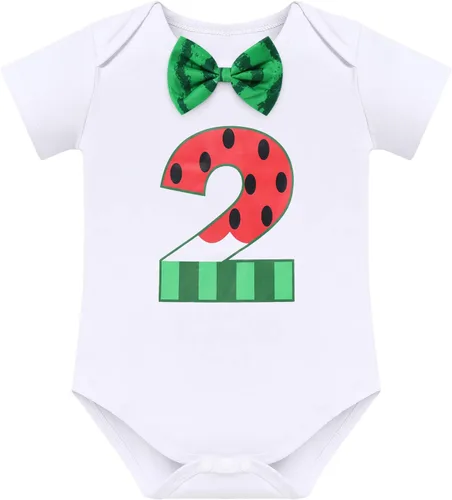Vista 2 de Conjunto de 4 piezas de 3 piezas para bebé, diseño de sandía, para el primer cumpleaños, para tarta, de manga corta, pañales, con tirantes