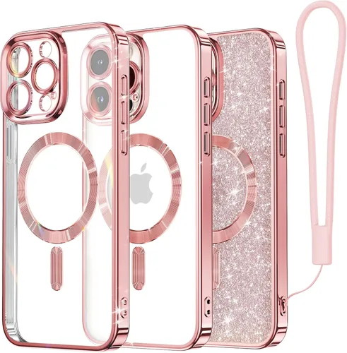 Vista 45 de Meifigno - Funda diseñada para el iPhone 16 Pro de 6.3", [Tarjeta de purpurina y correa para la muñeca] [Compatible con MagSafe]