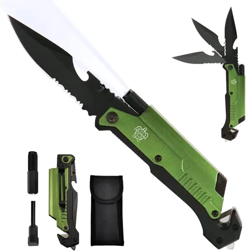 Vista 11 de Cuchillo de bolsillo militar EDC de 8.5 pulgadas para exteriores, 7 en 1, cuchillos plegables multifunción con iniciador de fuego, cortador de Negro