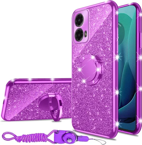Vista 9 de nancheng Funda para Motorola Moto G Play 2024 (6.5 pulgadas) para niñas y mujeres, bonita funda de teléfono de TPU suave con purpurina y anillo