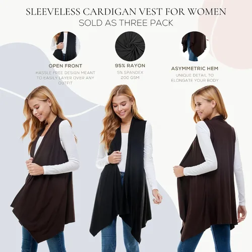 Vista 5 de Azules Paquete de 3 chalecos tipo cárdigan sin mangas para mujer, cárdigan largo ligero con frente abierto, capa casual fluida para cualquier