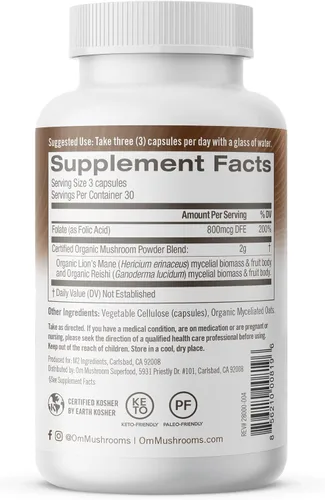 Vista 9 de OM MUSHROOM SUPERFOOD Brain Fuel - Cápsulas en polvo de hongos suplemento superalimentario, 90 unidades, 30 días, melena de león, mezcla de reishi