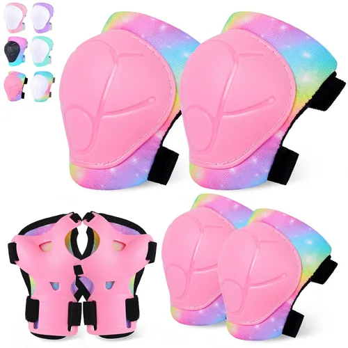 Vista 12 de FIODAY Rodilleras para niños, rodilleras y coderas, protectores de muñeca, juego de equipo de protección ajustable para niñas y niños, patinaje