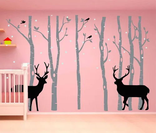 Vista 3 de Vinilo adhesivo de vinilo extraíble con diseño de ciervos y abedules para niños, decoración de habitación del bebé, habitación del bebé (gris)