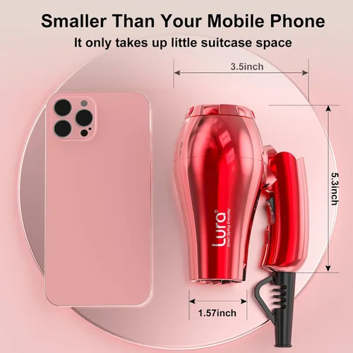 Vista 2 de LURA Secador de pelo automático de viaje de doble voltaje con difusor, secador de pelo de viaje mini con enchufe de la UE y enchufe del Reino Unido