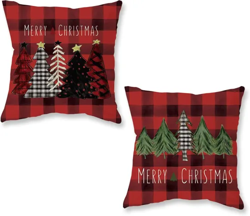 Vista 17 de ONWAY Juego de 2 fundas de almohada de Navidad de 16 x 16 pulgadas, fundas de almohada de Navidad de búfalo rojo a cuadros, color negro y verde Beige