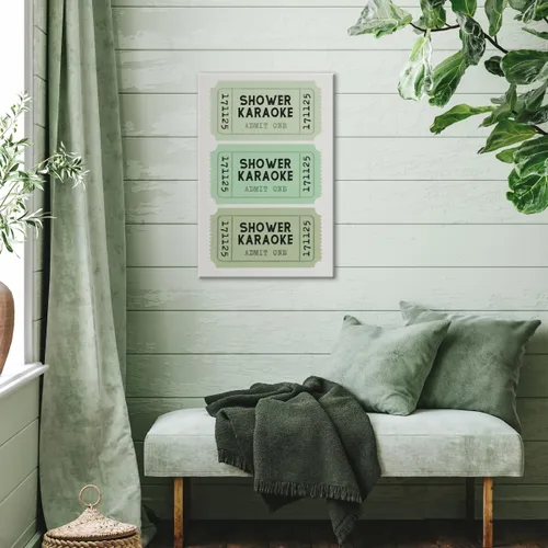 Vista 5 de Lienzo con impresión de karaoke para ducha, divertido arte de pared de baño, póster retro de boletos, color verde salvia, decoración de baño