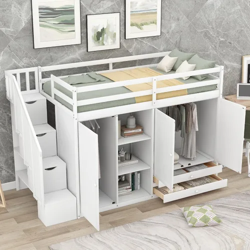 Vista 23 de VilroCaz Modern Elegance - Cama tipo loft de tamaño matrimonial con cajones de almacenamiento y escritorio, marco de cama de madera maciza