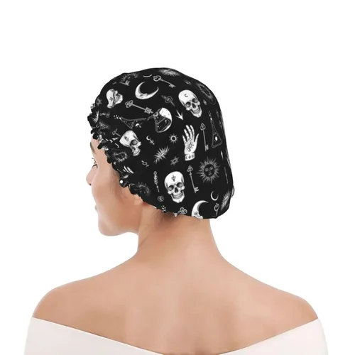 Vista 8 de Gorro de ducha gótico, cuervo, cuervo, calavera, luna, estrella, gótico, gorra de baño diseñada para mujeres, impermeable, doble capa