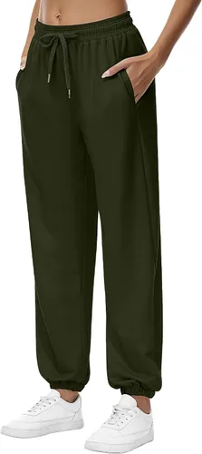Vista 2 de Riyiper 2 piezas de pantalones deportivos para mujer, de cintura alta, pantalones deportivos holgados de moda con bolsillos, Verde militar, gris