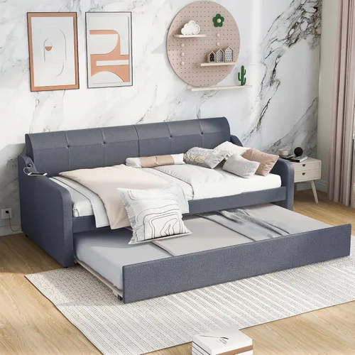 Vista 3 de MERITLINE Sofá cama tapizado con nido y carga USB, marco de sofá cama extensible de tamaño individual a king, sofá cama con cama nido puede ser