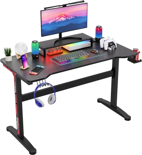 Vista 13 de PayLessHere Mesa de Juegos de 35" Azul Escritorio de Computadora en Forma de Z con Marco de Acero, Gancho para Auriculares, Pies Ajustables