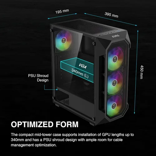 Vista 3 de GAMDIAS ATX Torre Media Gaming PC Case Vidrio Templado, Ventiladores ARGB Integrados de 120mm x 4, Malla de Flujo de Aire Frontal, Hasta 6