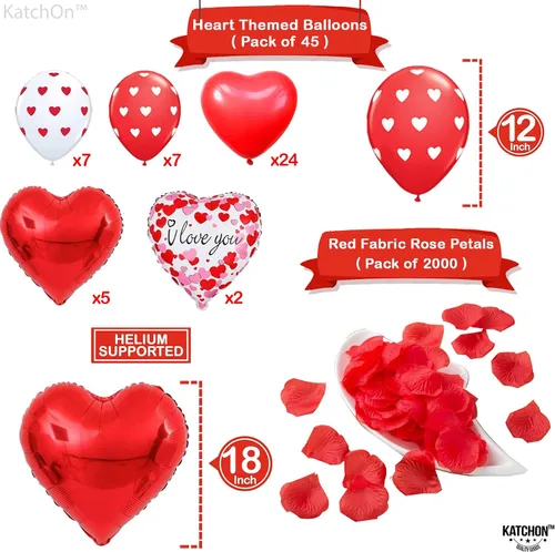 Vista 3 de KatchOn, Teddy Bear - Juego de globos con texto en inglés "I Love You", paquete de 55, 2000 pétalos de rosa roja con globos de corazón rojo