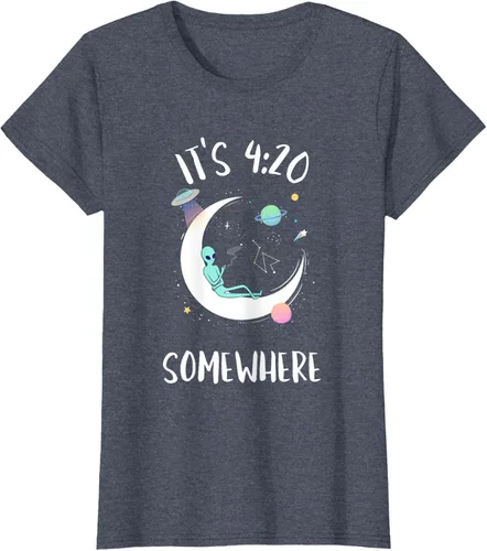 Vista 35 de Funny Weed Joint Smoking Moon Alien It's 4:20 Somewhere Camiseta, Negro, S