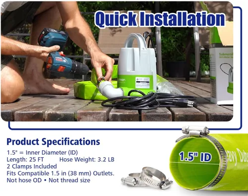 Vista 3 de Green Expert - Kit de bomba sumergible de sumidero de 1/3 HP con manguera de descarga plana de 25 pies, bomba con manguera, sensor de agua, bomba
