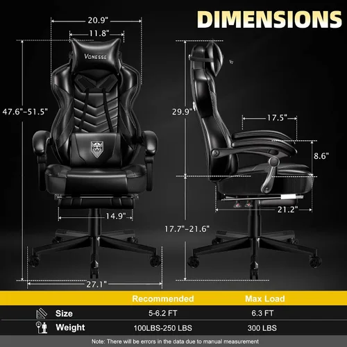 Vista 3 de Vonesse Silla de juegos, silla de oficina grande y alta con reposapiés y masaje, sillas de juegos para adultos con soporte lumbar, silla ergonómica