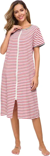 Vista 8 de Camisones de manga corta con cremallera frontal para mujer, batas de algodón de longitud completa, abrigo suelto con bolsillos, S-XXL