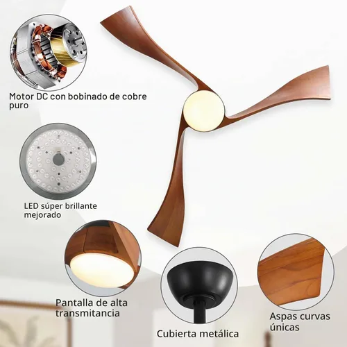 Vista 5 de Sofucor - Ventiladores de techo de 52 pulgadas con luces, ventilador de techo de madera sólida para interiores/exteriores con control remoto, motor