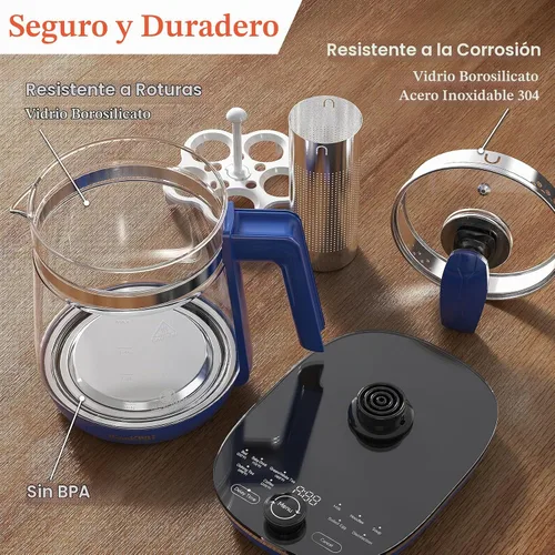 Vista 6 de Hervidor Eléctrico de Vidrio Caliente con Infusor de Té y Control de Temperatura, Tetera de Acero Inoxidable de 1.5L y Hervido Rápido de 1200W Azul