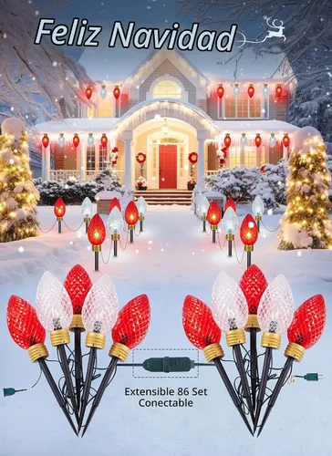 Vista 3 de Brigtown Strawberry Super Jumbo C9 Luces de camino de Navidad para exteriores, 11 pies Super Jumbo Rojo y Blanco Puro