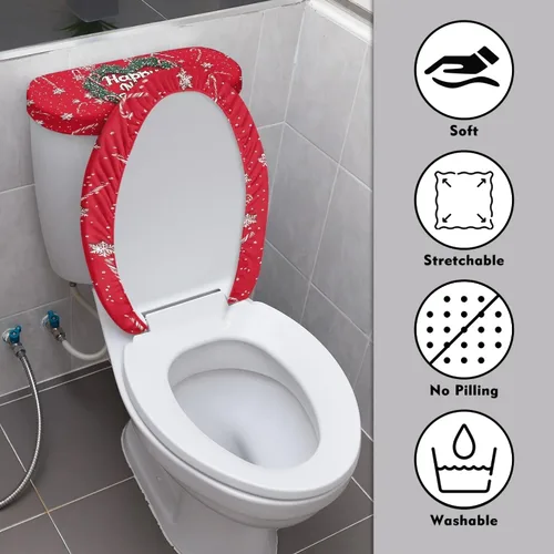 Vista 3 de Tapa de inodoro y tapa de tanque de cane Candy - Estampado de copo de nieve, elastano elástico lavable, decoración de Año Nuevo