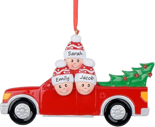 Vista 8 de Adorno de Navidad familiar personalizado 2024 Familia de 2 personas que llevan árbol de Navidad para el hogar, camión rojo, hecho a mano, regalo