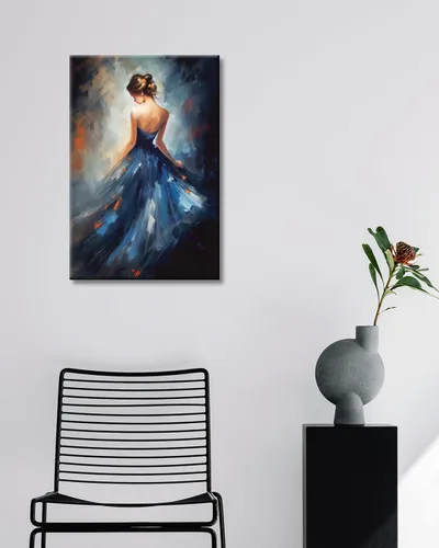 Vista 2 de GLOKAKA Pintura de niña bailarina, arte de pared para baño, abstracto, azul oscuro, brillante, sin espalda, vestido para niña, bailarina, lienzo