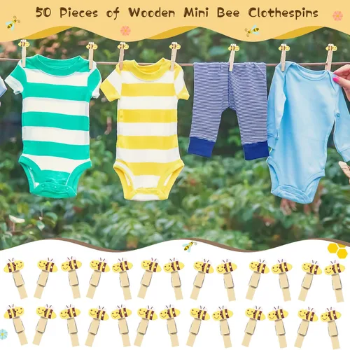 Vista 7 de Unittype 51 Piezas No Digas Bebé Juego de Baby Shower Regalos Incluye Letrero de Baby Shower Tema Abeja y 50 Mini Pinzas de Ropa de Abeja para Niños