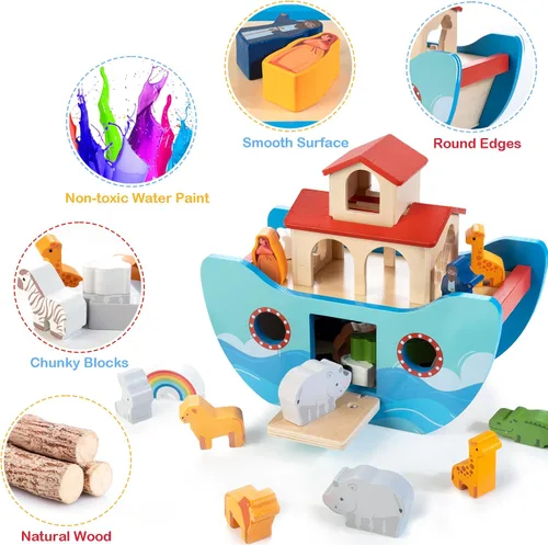 Vista 6 de JUSTWOOD Juego de Juguetes de Animales del Arca de Noé de Madera, Juguetes de Historia Bíblica Regalo de Bautismo para Niños y Niñas de 1+ Años
