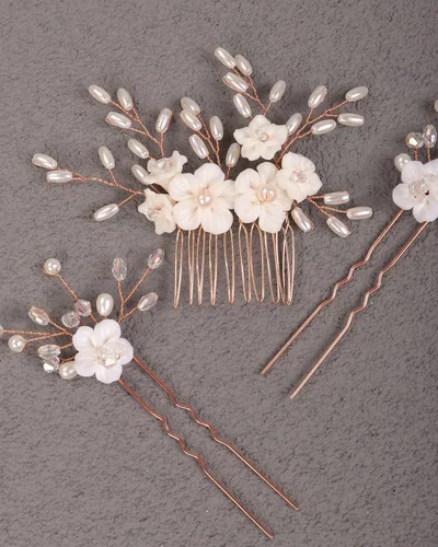 Vista 5 de Xerling Accesorios para el cabello con perlas florales para boda, horquillas para el cabello, peine para el cabello, hermosas joyas de cabeza