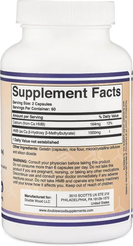 Vista 3 de Double Wood Supplements Suplemento HMB, probado por terceros, sin OMG, sin gluten, 120 cápsulas, 1000 mg por porción, 500 mg por cápsula