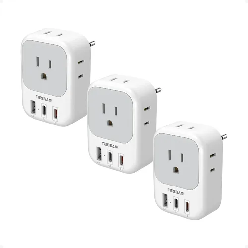 Vista 9 de TESSAN Adaptador de Enchufe de Viaje Europeo USB C Paquete de 3, Adaptador de Enchufe de EE.UU. a Europa con 4 Tomas de CA 3 Puertos de Carga USB
