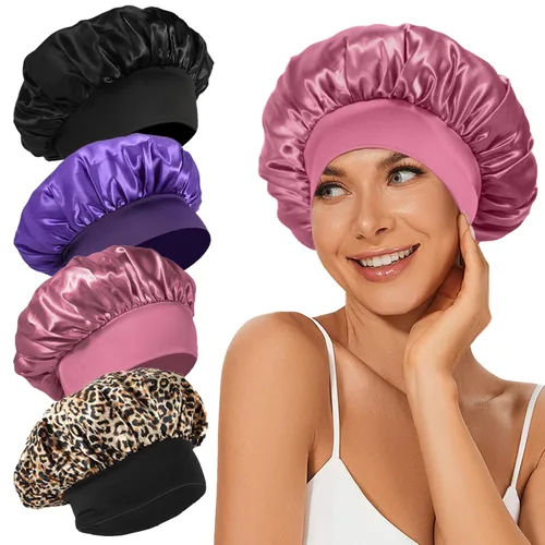 Vista 22 de 4 piezas de gorro de satén de seda, gorro de cabello para dormir, gorro de seda elástica de banda ancha para dormir, suave y transpirable Gorra