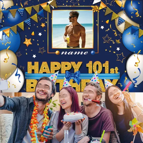 Vista 5 de Pancarta Personalizada de Decoraciones de Feliz Cumpleaños 101 - Telón de Fondo de 101 Años para Mujeres Hombres Niños Niñas Suministros de Fiesta