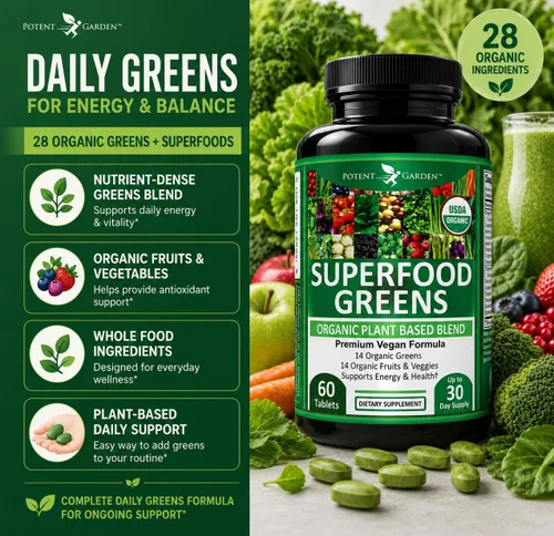 Vista 6 de Potent Garden Paquete de 2 superalimentos orgánicos, suplemento de frutas y verduras rico en vitaminas y antioxidantes con alfalfa, raíz