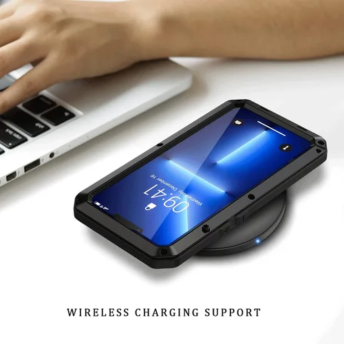Vista 6 de Lanhiem Funda metálica para iPhone 13 Pro, resistente a los golpes, con protector de pantalla de vidrio integrado, funda protectora de cuerpo Negro