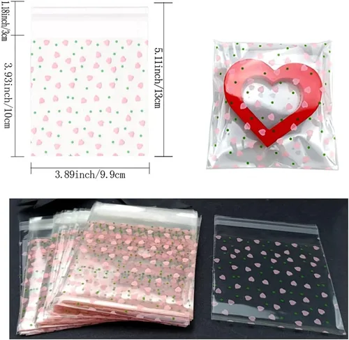 Vista 2 de 100 bolsas de celofán transparente con corazón rosa de San Valentín para suministros de panadería