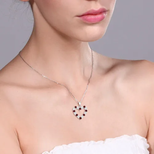 Vista 3 de Gem Stone King Collar con colgante de plata de ley 925 con forma de corazón de granate rojo y diamante blanco para mujer