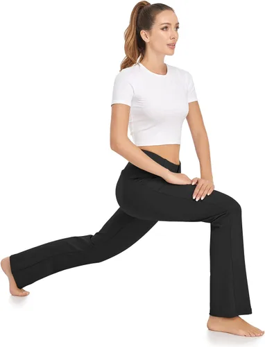 Vista 4 de HISKYWIN Pantalones de yoga para mujer, pantalones de trabajo elásticos de pierna rectacorte de bota, pantalones de oficina con bolsillos