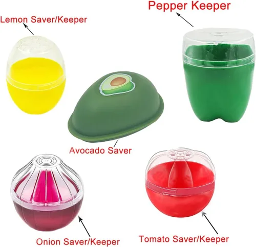 Vista 5 de 5 recipientes de almacenamiento con forma de frutas y verduras para refrigerador, aguacate, pimienta verde, tomate, limón y cebolla