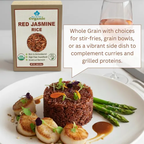 Vista 6 de Arroz orgánico de jazmín rojo tailandés, sin gluten, sin conservantes, lote pequeño cultivado en Tailandia, 2 libras