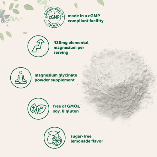 Vista 3 de Polvo de magnesio, 420 mg por porción, 12 onzas (56 porciones) Sabor a limonada sin azúcar Suplemento en polvo de glicinato de magnesio