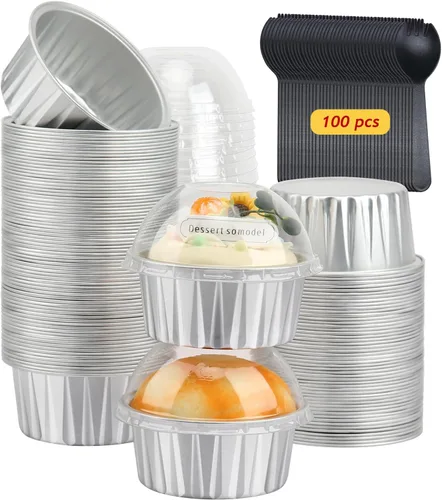 Vista 13 de LNYZQUS Mini moldes para hornear pasteles de 5 oz con tapas, paquete de 100, moldes desechables de aluminio para cupcakes, moldes pequeños