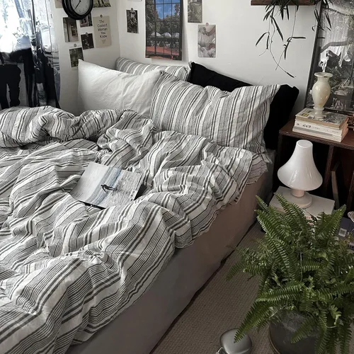 Vista 41 de mixinni Juego de funda de edredón vintage a rayas, tamaño twin, juego de ropa de cama de 3 piezas, 100% algodón lavado, suave y transpirable, funda
