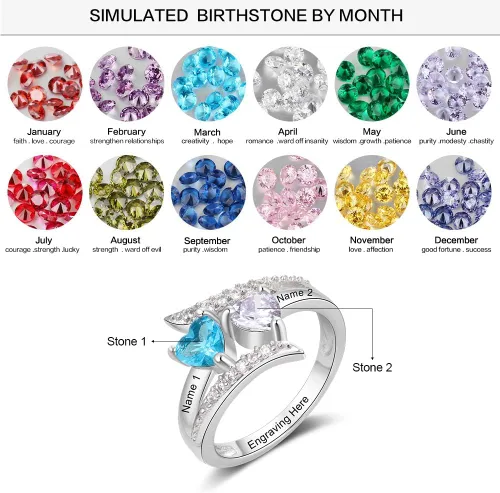 Vista 2 de Anillos de promesa de plata fina 925 Zomodia para ella, anillos personalizados para madres con 2 piedras de nacimiento de imitación, joyería