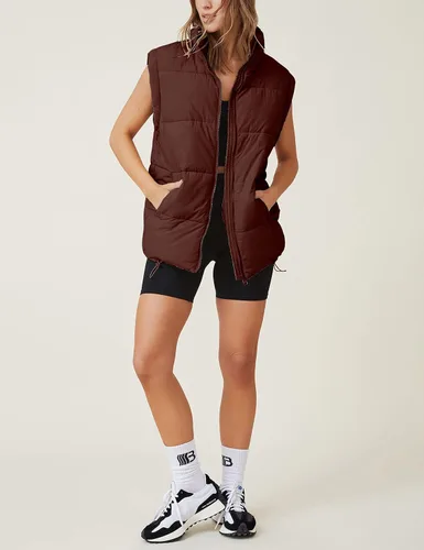 Vista 4 de Chaleco acolchado para mujer, sin mangas, acolchado, con cremallera, cuello alto, abrigo de gran tamaño con bolsillo